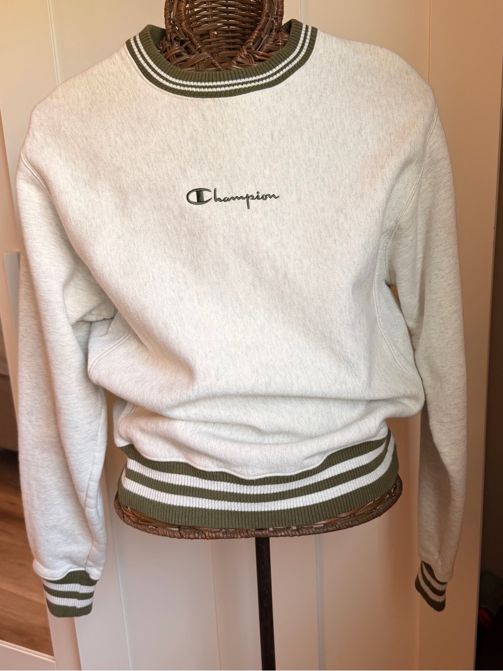 Champion Cream Crewneck Sweater with Olive Trim